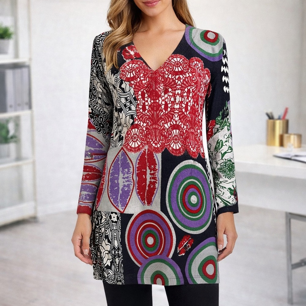 Vintage V-Neck Tunic/Sweater Dress – Size S – Bold Graphic Knit